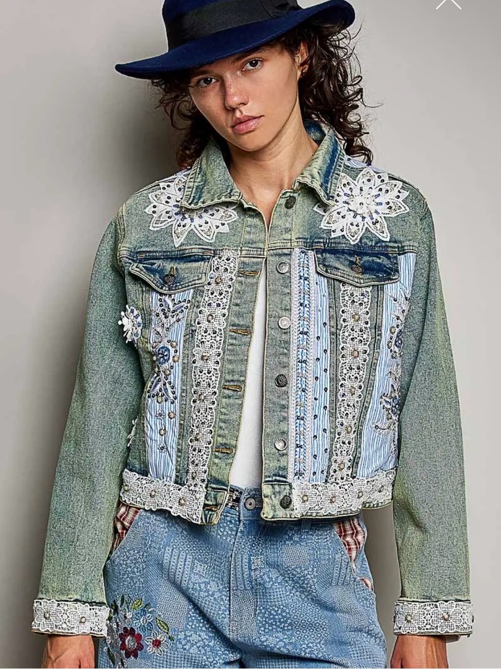 POL denim beaded embroidered boho western lace patchwork floral jean jacket